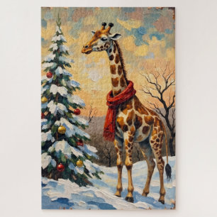 Vintage-Weihnachtsgiraffe in schneereicher Savanne