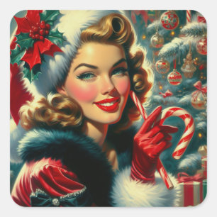 Vintage-Weihnachtsgirl Quadratischer Aufkleber