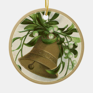Vintage-Weihnachtsglocke (Mistelzweig) Gold Keramik Ornament