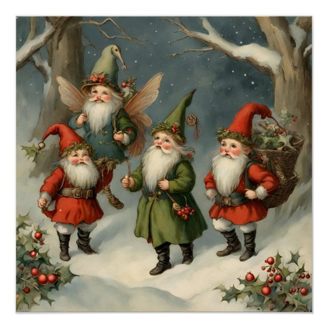 Vintage Weihnachtsgnomen der Märchen im Wald Poster (Vorderseite)