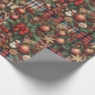 Vintage-Weihnachtsgrün Botanical-Karomuster Geschenkpapier