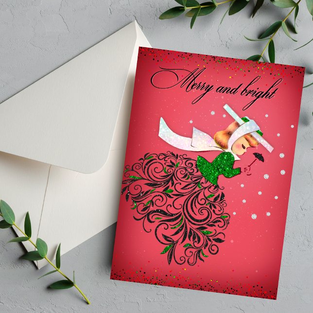 Vintage Weihnachtsgrün Glitzer Schal Mädchen Feiertagskarte (Von Creator hochgeladen)