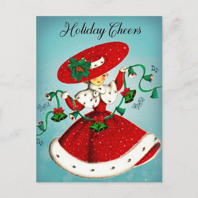 Vintage Weihnachtsgrün Glocken Rote Glitzer Mädche Postkarte (Vorderseite)