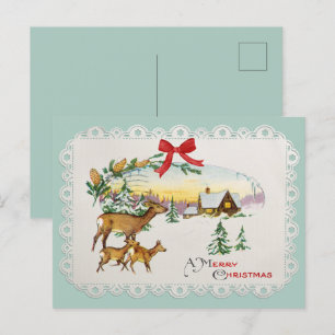 Vintage Weihnachtshütte & Hirsche Feiertagspostkarte