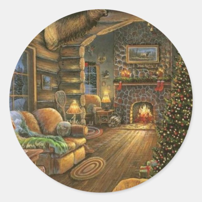 Vintage Weihnachtshütte Runder Aufkleber (Vorderseite)