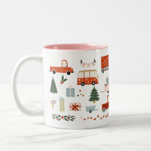 Vintage-Weihnachtsillustration Rote Lastwagen Tass Zweifarbige Tasse