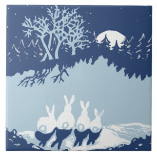 Vintage-Weihnachtskaninchen Wintersterne Wald Mond Fliese