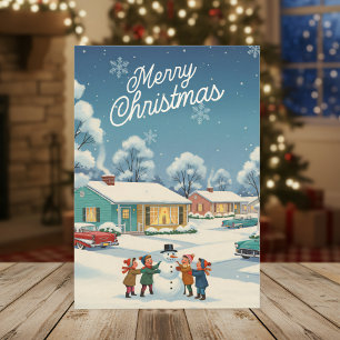 Vintage-Weihnachtskarte 1950 – Kinder & Schneemann Feiertagskarte