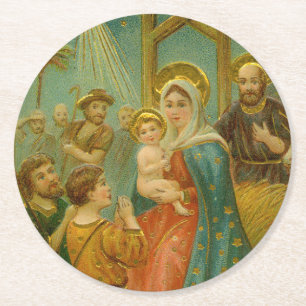 Vintage-Weihnachtskarte aus der Edwardianischen Är Runder Pappuntersetzer
