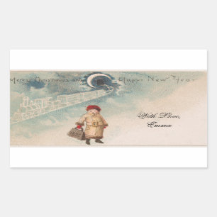 Vintage-Weihnachtskarte einsames Mädchen Bahnstati Rechteckiger Aufkleber