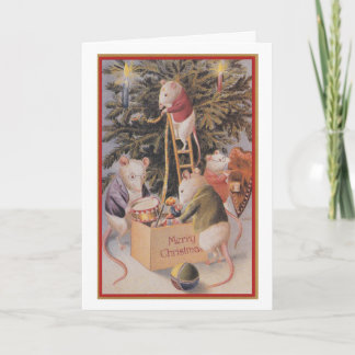 Vintage Weihnachtskarte - Mäuse, die Baum 1910 Feiertagskarte