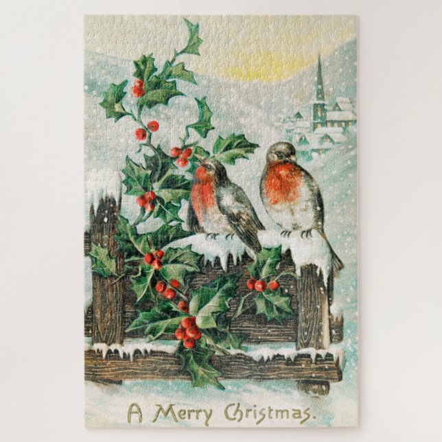Vintage-Weihnachtskarte mit Rotkehlchen, Stechpalm (Vertikal)