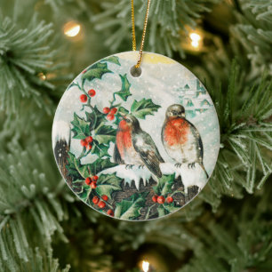 Vintage-Weihnachtskarte mit Rotkehlchen, Stechpalm Keramik Ornament