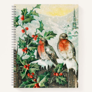 Vintage Weihnachtskarte mit Rotkehlchen, Stechpalm Notizbuch