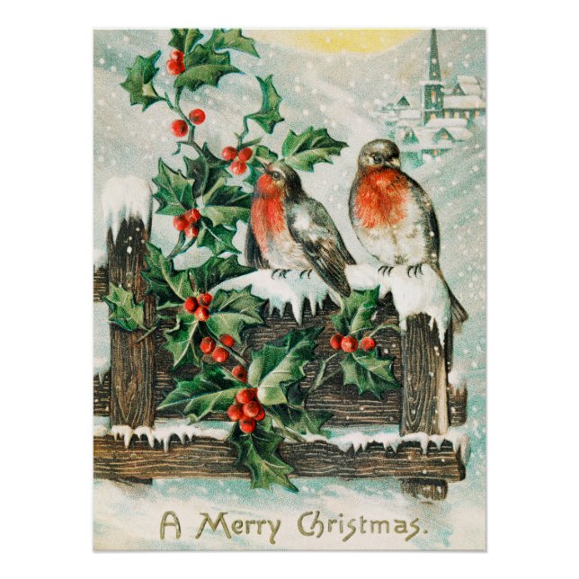 Vintage-Weihnachtskarte mit Rotkehlchen, Stechpalm Poster (Vorderseite)