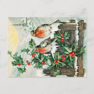 Vintage Weihnachtskarte mit Rotkehlchen, Stechpalm Postkarte