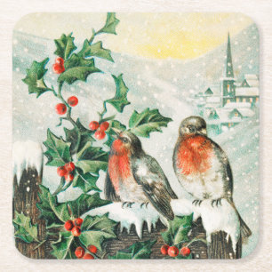 Vintage Weihnachtskarte mit Rotkehlchen, Stechpalm Rechteckiger Pappuntersetzer