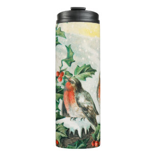 Vintage-Weihnachtskarte mit Rotkehlchen, Stechpalm Thermosbecher