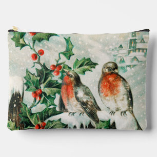 Vintage Weihnachtskarte mit Rotkehlchen, Stechpalm Zubehörtasche