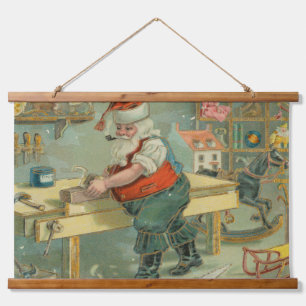 Vintage-Weihnachtskarte - Santa in seiner Werkstat Wandteppich Mit Holzrahmen