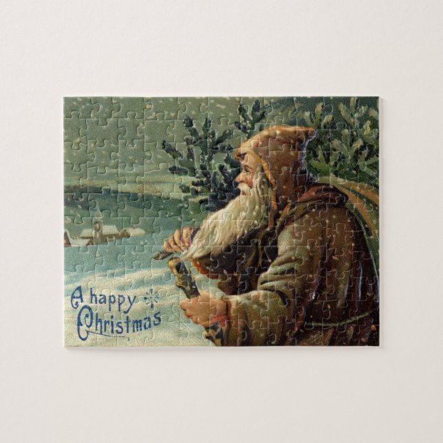 Vintage-Weihnachtskarte, Weihnachtsmann und Baum (Horizontal)