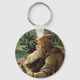Vintage-Weihnachtskarte, Weihnachtsmann und Baum Schlüsselanhänger