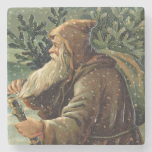 Vintage Weihnachtskarte, Weihnachtsmann und Baum Steinuntersetzer