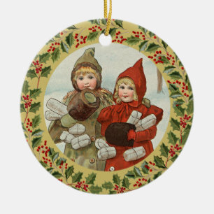 Vintage-Weihnachtskartenmotiv mit zwei Mädchen Keramik Ornament