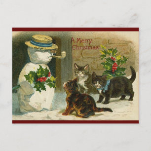 Vintage Weihnachtskater und Schneemann Postkarte