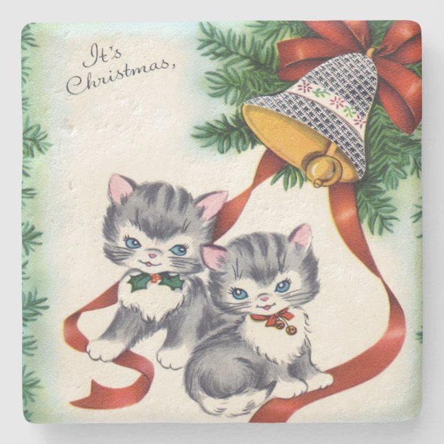 Vintage Weihnachtskätzchen Steinuntersetzer (Vorderseite)