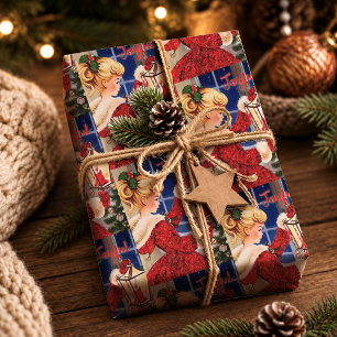 Vintage-Weihnachtskerzenlampe rot glänzend Mädchen Geschenkpapier