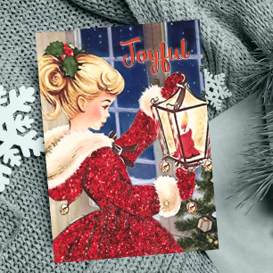 Vintage-Weihnachtskerzenlampe rot Glitter Mädchen  Feiertagskarte