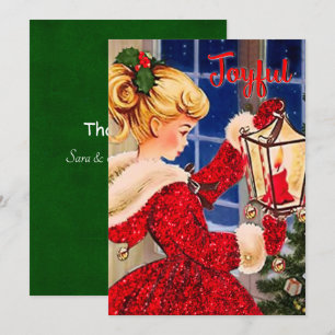 Vintage Weihnachtskerzenleuchte Roter Glitzer Mädc Dankeskarte