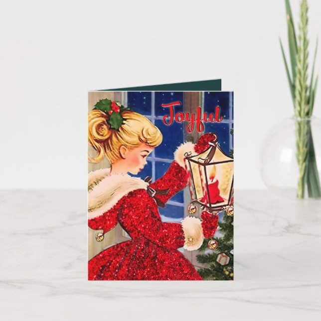Vintage Weihnachtskerzenleuchte Roter Glitzer Mädc Einladung (Vorderseite)