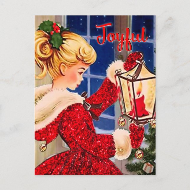 Vintage Weihnachtskerzenleuchte Roter Glitzer Mädc Postkarte (Vorderseite)