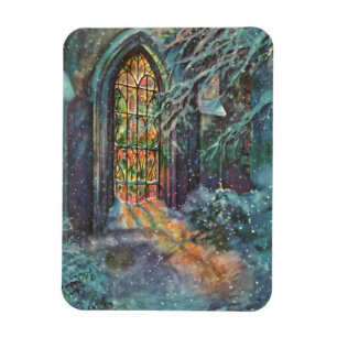 Vintage-Weihnachtskirche mit Bleiglasfenster Magnet