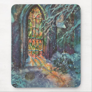 Vintage-Weihnachtskirche mit Bleiglasfenster Mousepad