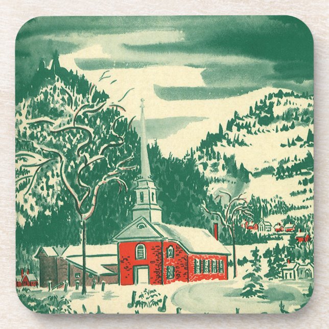 Vintage Weihnachtskirche, Schneelandschaft im Wint Untersetzer (Vorderseite)