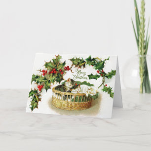 Vintage-Weihnachtskitten im Korb, Stechpalmenzweig Feiertagskarte