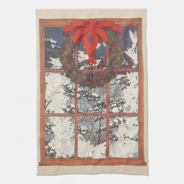 Vintage-Weihnachtskranz in einem Fenster mit Schne Geschirrtuch (Vertikal)