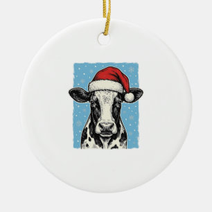 Vintage-Weihnachtskuh-Santa-Hut-Vektordesign_1 Keramik Ornament