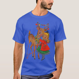 Vintage-Weihnachtsmädchen und Rentier T-Shirt