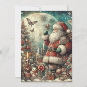 Vintage-Weihnachtsmann-Baum-Mond-Geschenke Feiertagskarte
