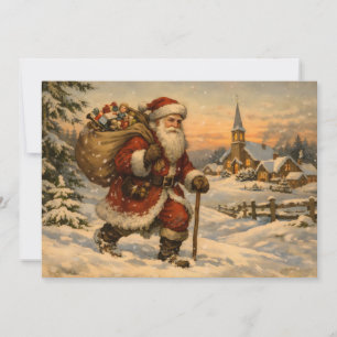 Vintage Weihnachtsmann beim Spaziergang im Schnee Feiertagskarte