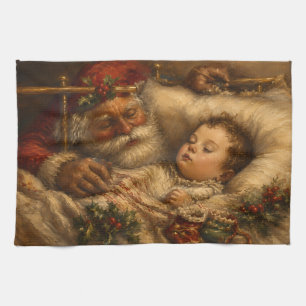 Vintage-Weihnachtsmann-Bettzeit-Weihnachtsölgemäld Geschirrtuch