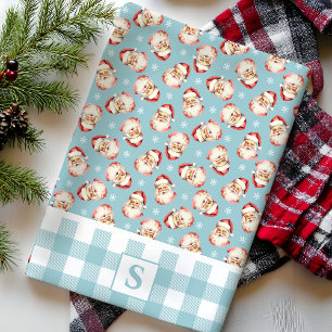 Vintage Weihnachtsmann Blau Gingham Monogramm Weih Geschirrtuch