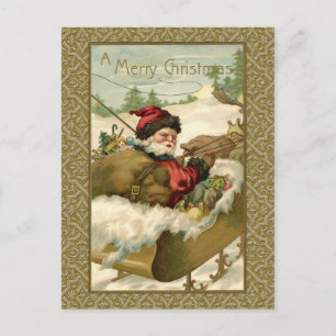 Vintage Weihnachtsmann im goldenen Schlitten Feiertagspostkarte