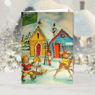 Vintage-Weihnachtsmann-Land-Elfen & Weihnachtsmann Feiertagskarte
