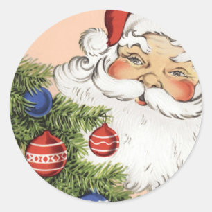 Vintage-Weihnachtsmann mit Baumschmuck Runder Aufkleber