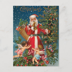 Vintage Weihnachtsmann mit Engeln Feiertagspostkarte